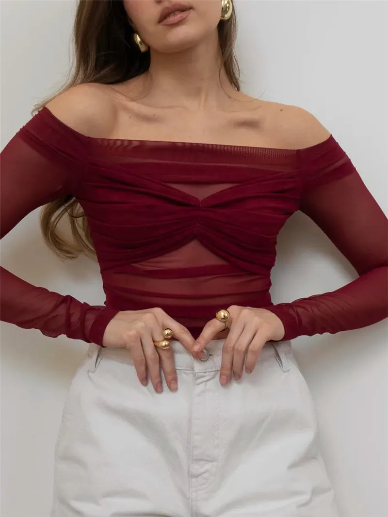 Mesh Off-shoulder Pleated Bust Strapless See Through Top