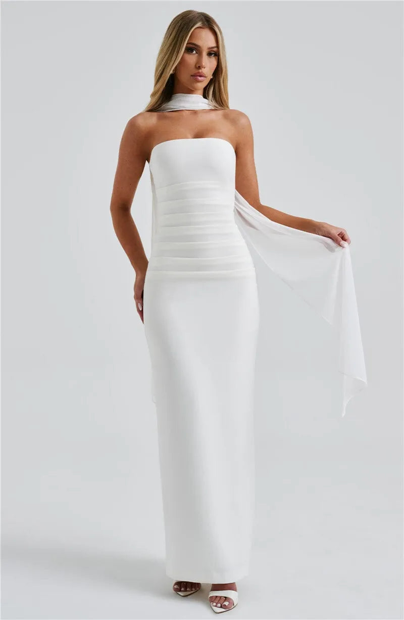 Scarf Collar Strapless Off-shoulder Long Dress