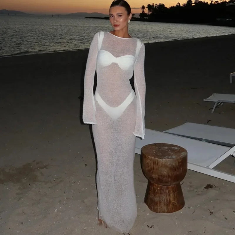 Hollow Backless Solid Knitted Dress
