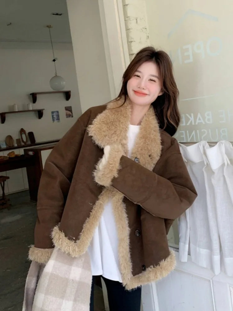 Lapel Full Sleeves Spliced Faux Leather Coat