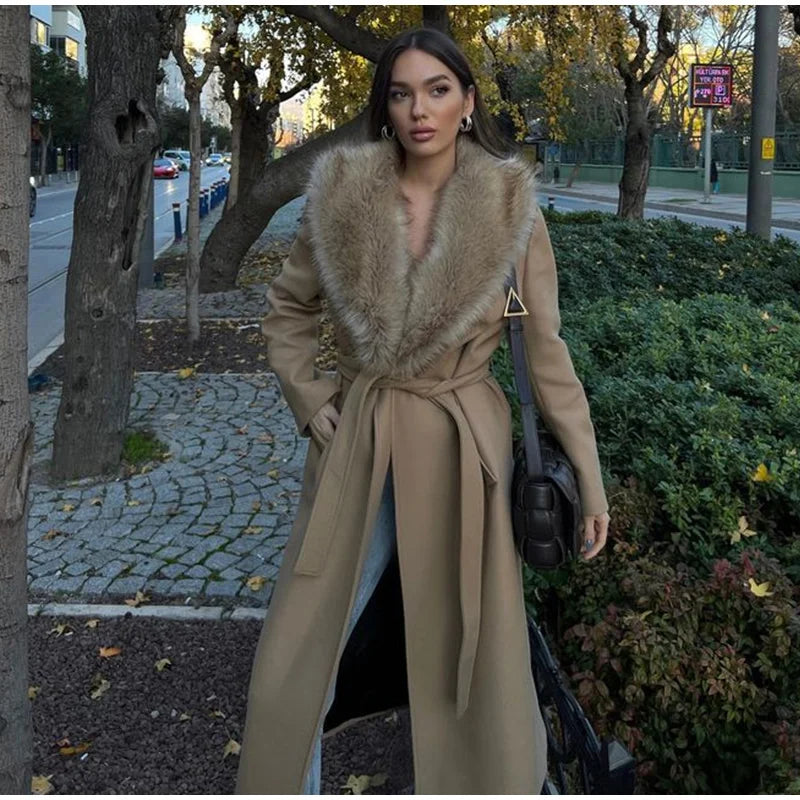 Wool Lace-Up Fur Lapel Thick Over Coat