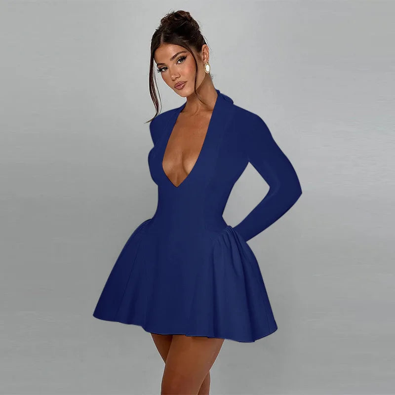 Deep V Long Sleeve Bodycon Mini Dress