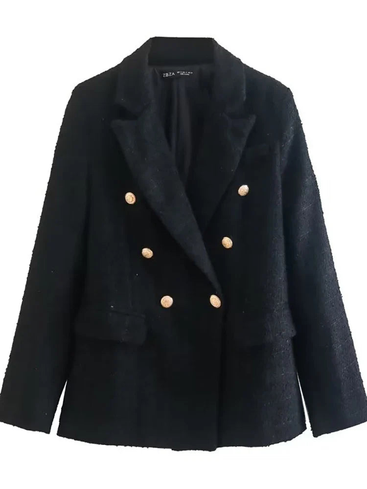 Double Breasted Buttons Tweed Blazer