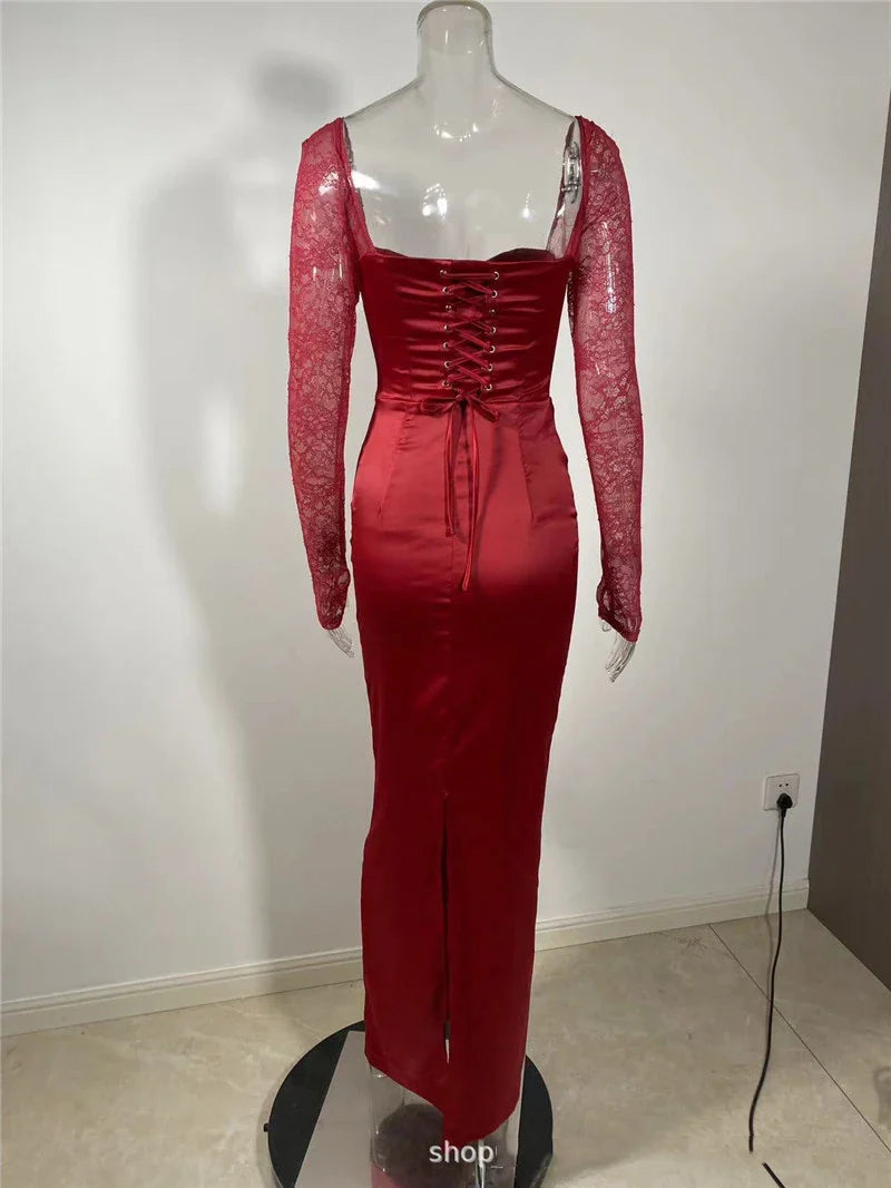 Square Collar Lace-Up Backless Long Sleeve Maxi Dress