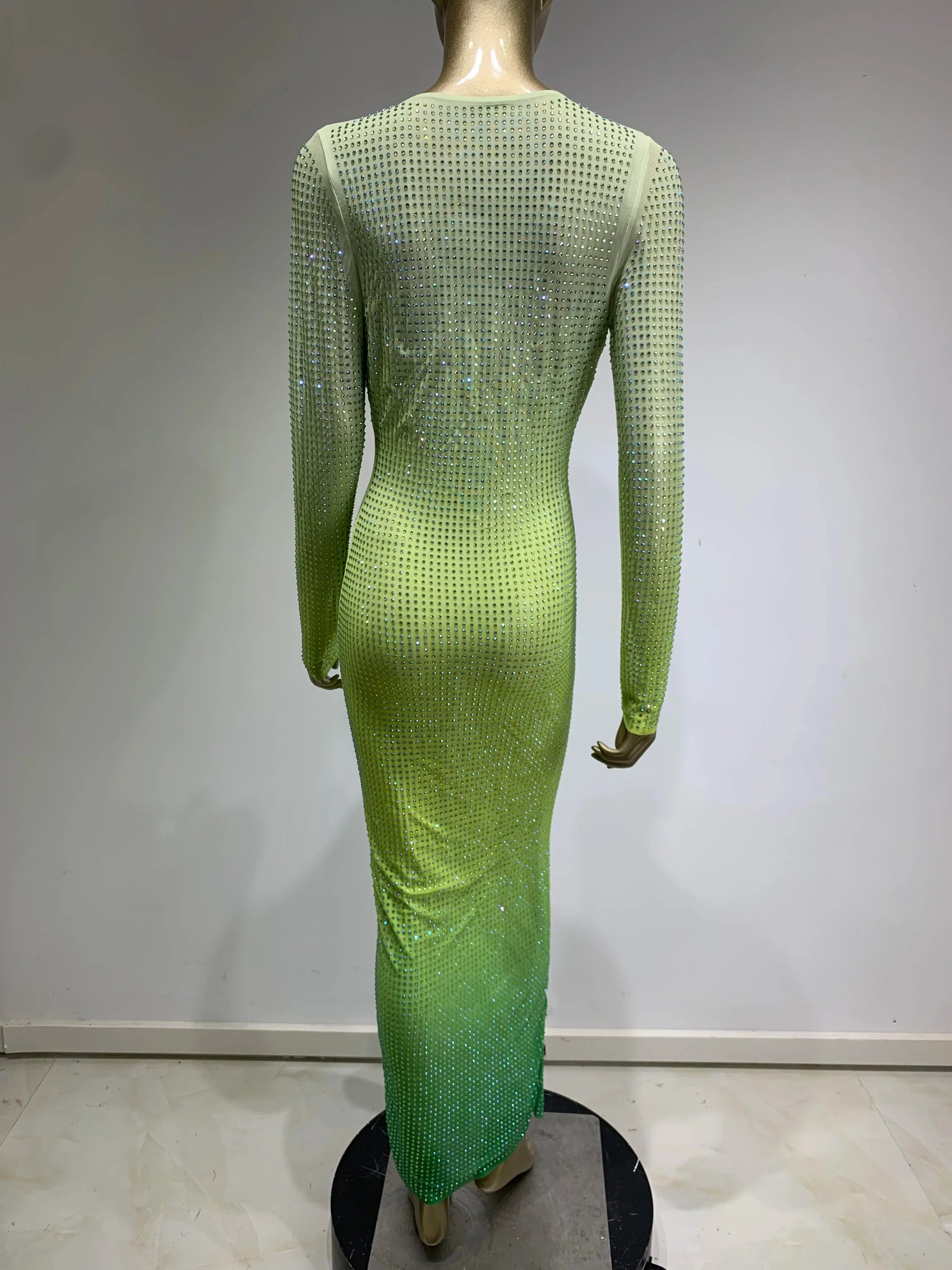 Green Gradient Midi Dress Shimmering Rhinestones & Bold Style