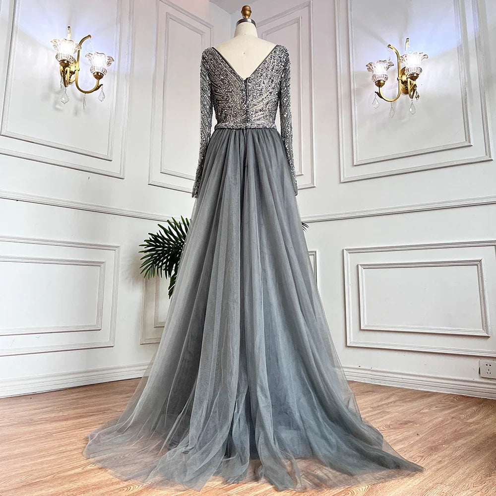 Blue Mermaid Beaded Long Sleeves Evening Gown