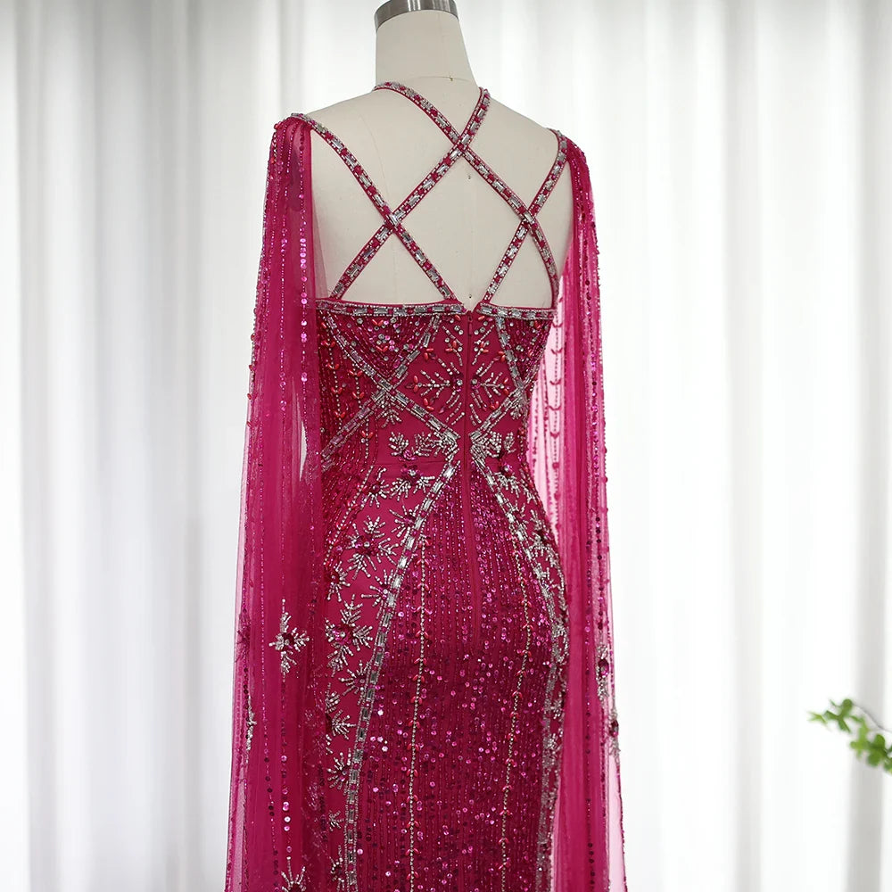 Aqua Mermaid Evening Gown with Cape Sleeves