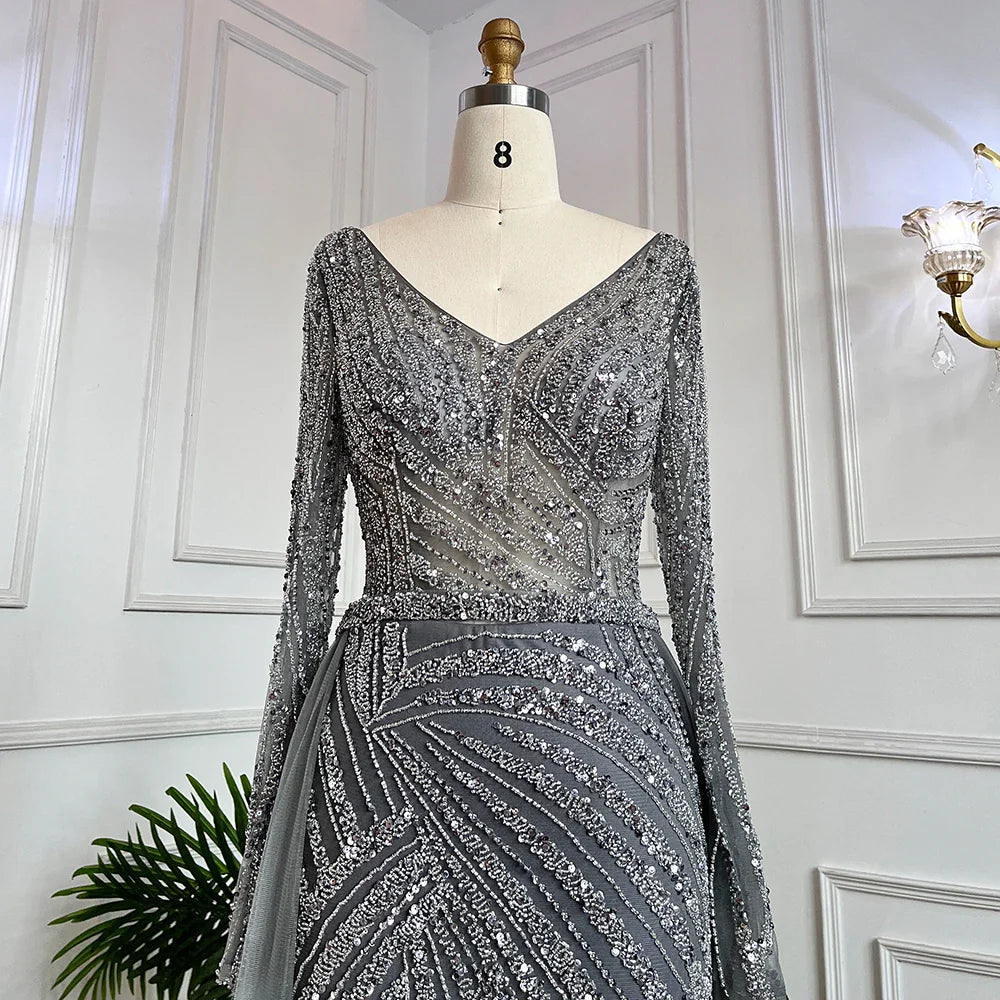 Blue Mermaid Beaded Long Sleeves Evening Gown