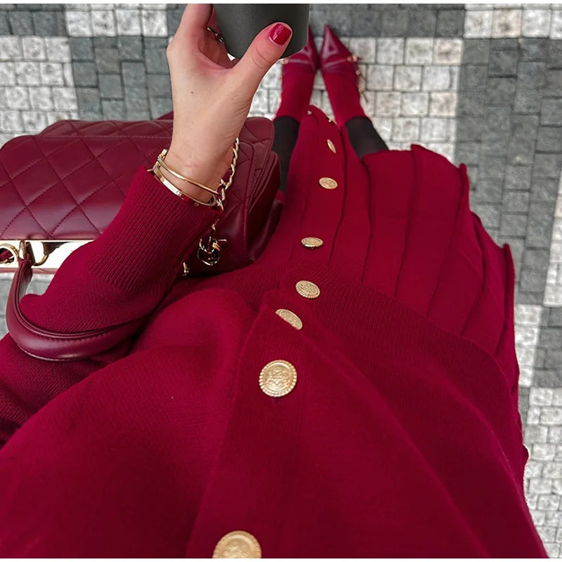 Slim Fit Elegant Burgundy Red Coat and Mini Skirt Set for Women
