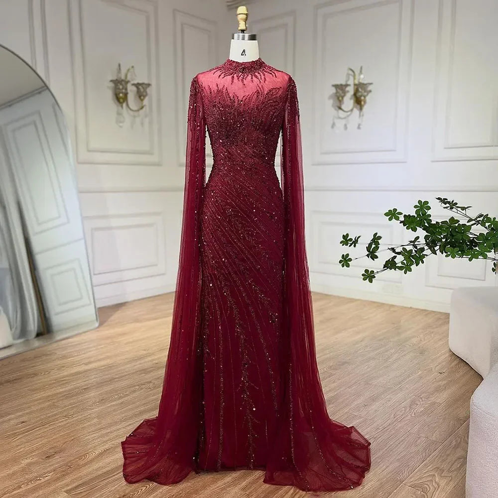 Beaded Lace Mermaid Gown with Cape Sleeves