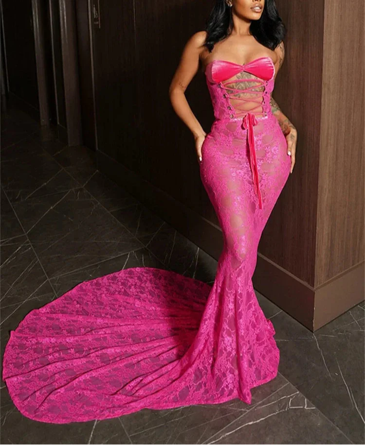 Lace Up Hollow Out Corset Tube Maxi Dress