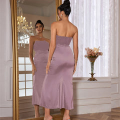 Strapless Velvet Solid Midi Dress