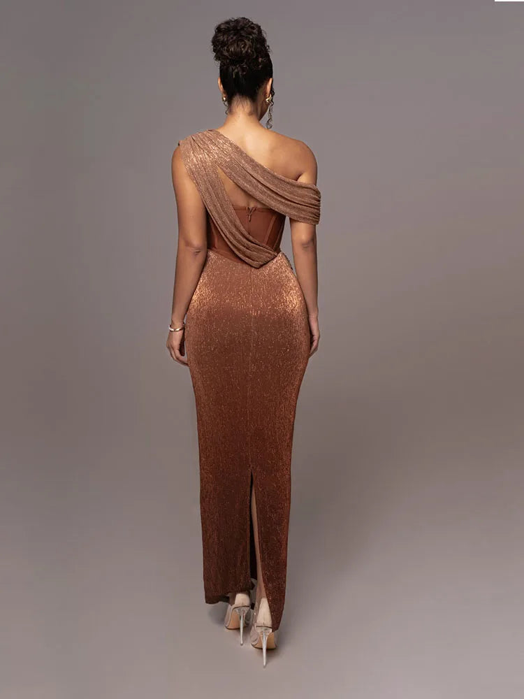 One Shoulder Draped Glitter Brown Maxi Dress