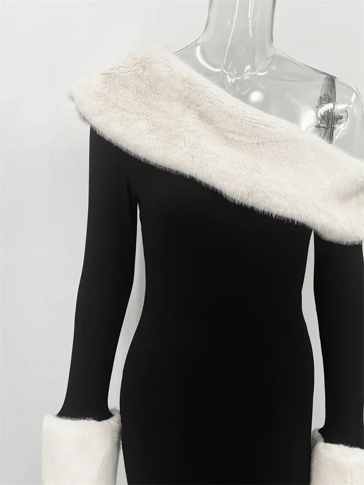 Fluffy Long Sleeve Off-Shoulder Patchwork Dress