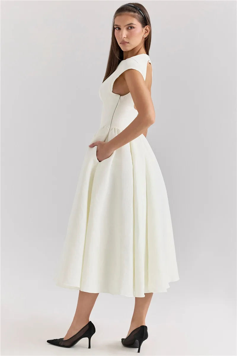 White Backless Solid Hollow Out Pleated Dress