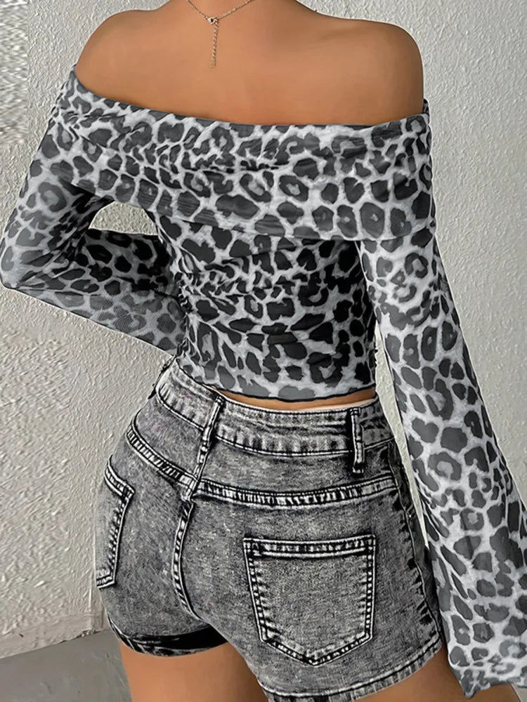 Off Shoulder Printed Leopard Long Sleeve Top