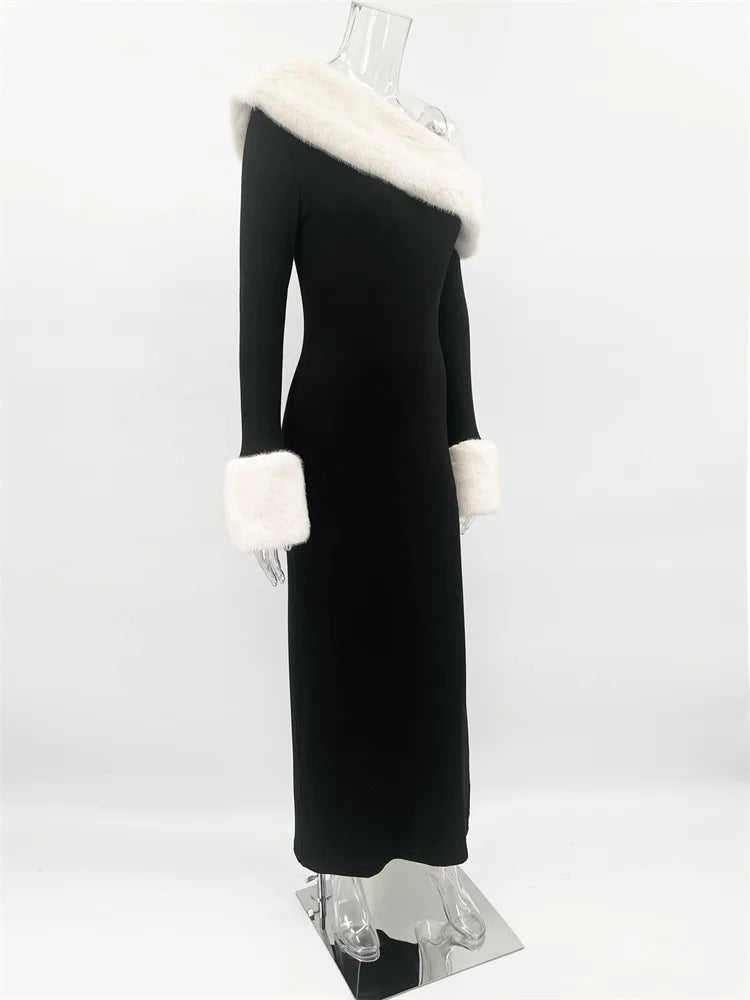 Fluffy Long Sleeve Off-Shoulder Patchwork Dress