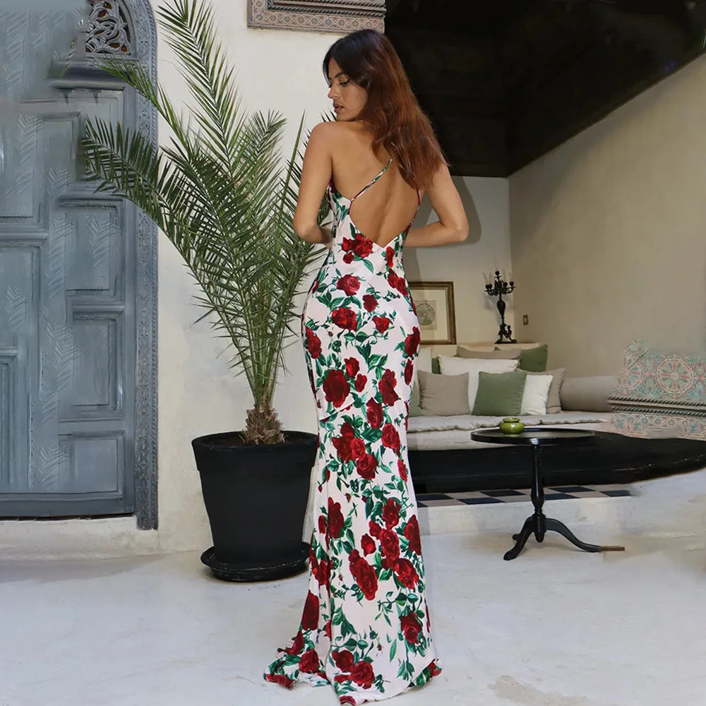 Floral Print Backless Maxi Dress