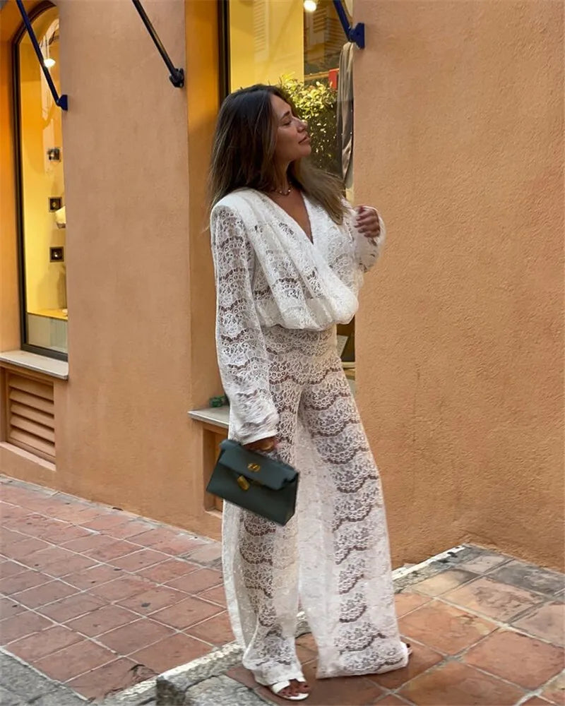 White Lace Two-Piece Loose Trouser Set