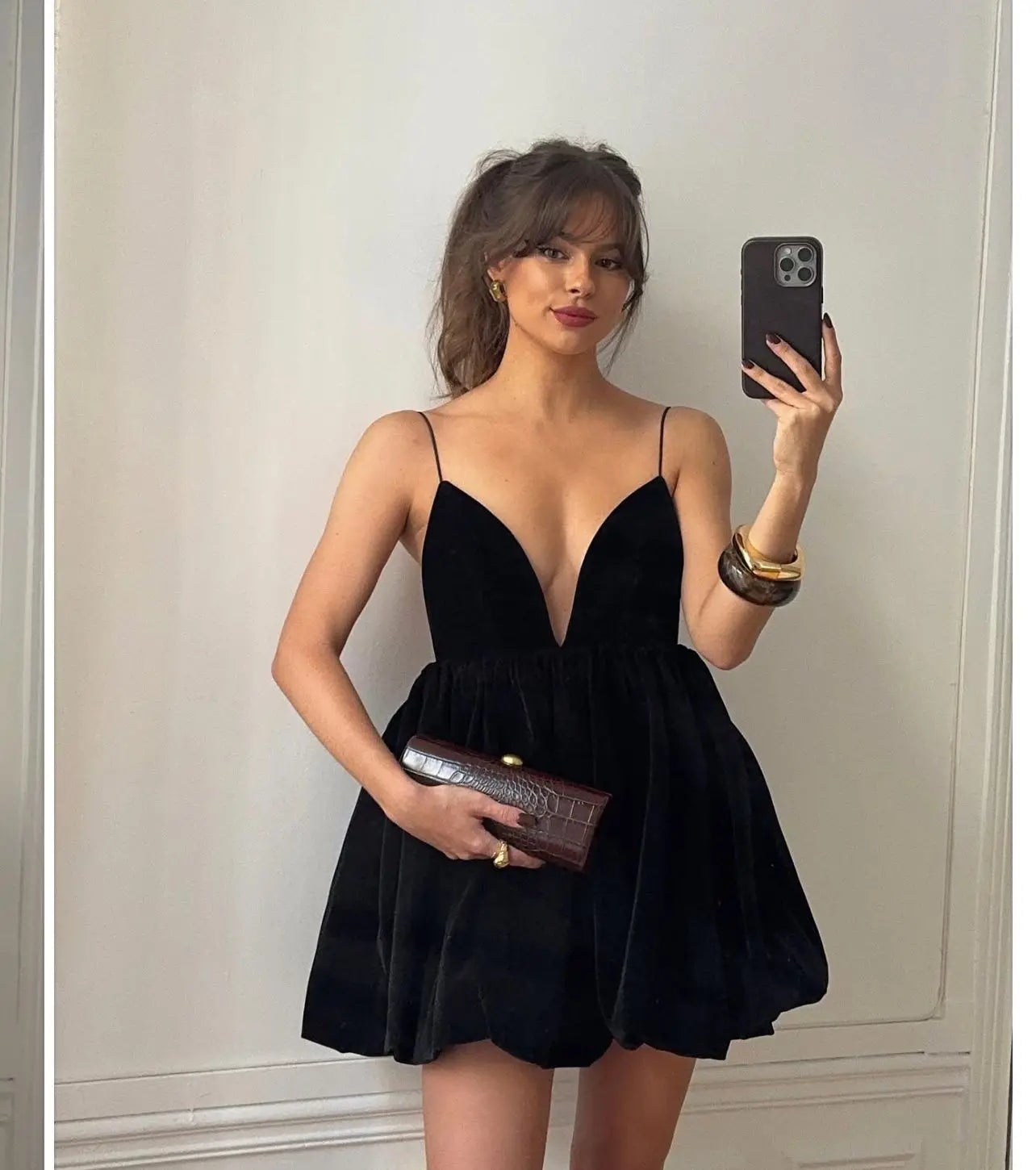 Velvet Deep V Neck Mini Lantern Dress