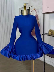 Half High Collar Trumpet Sleeve Ruffle Mini Dress
