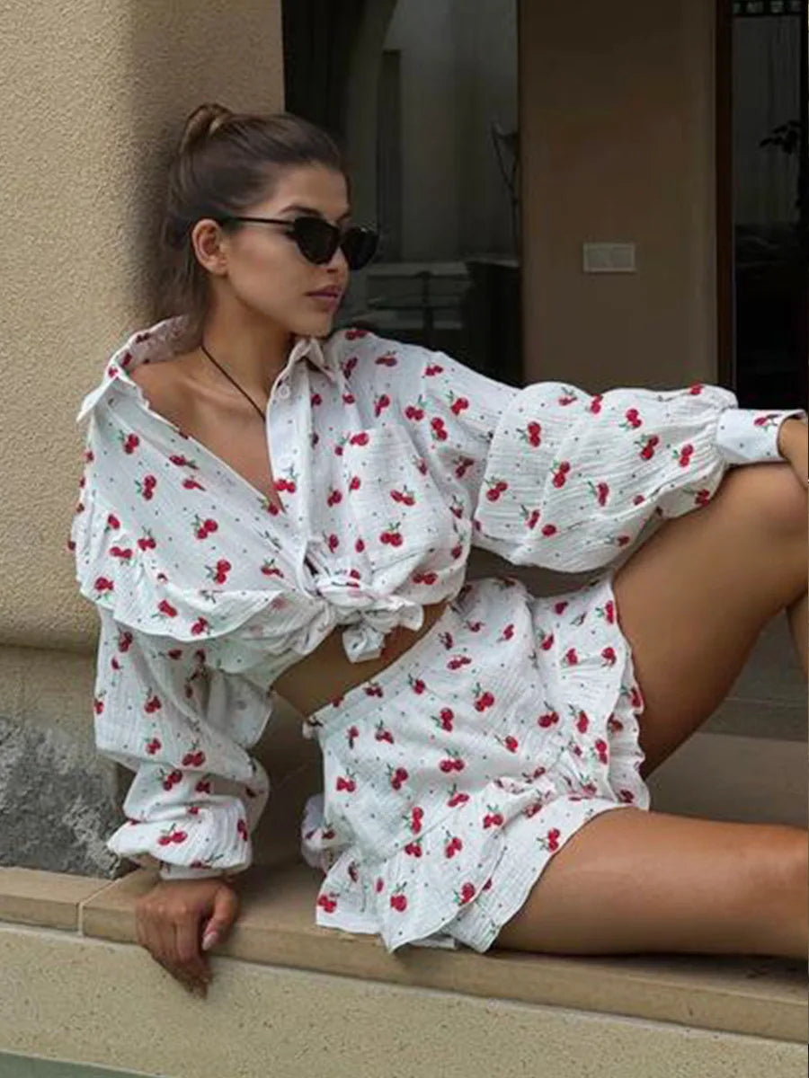 Ruffled Printed Long Sleeve Top and Shorts Sets
