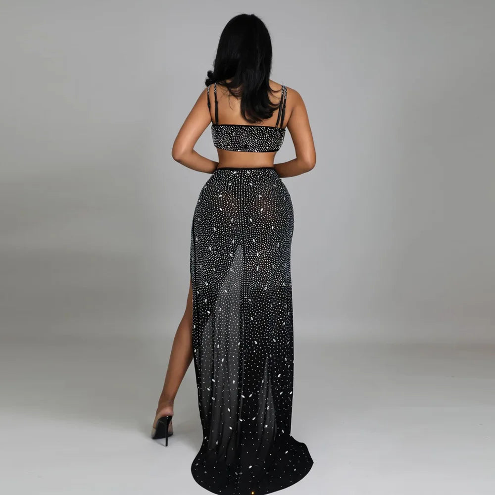 Spaghetti Strap Mesh Black Long Dress