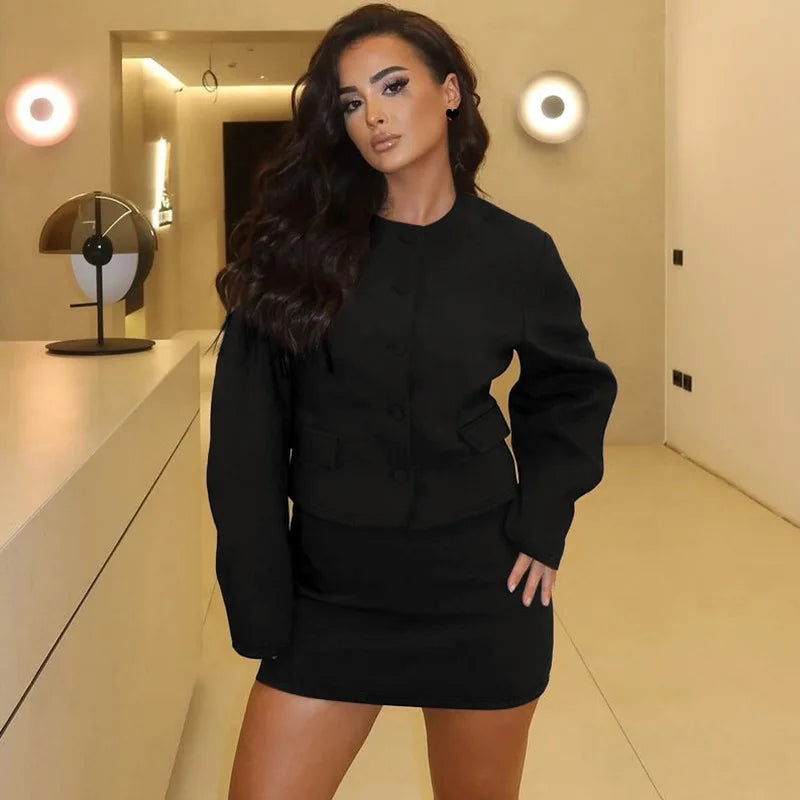 Round Neck Long Sleeve Jacket Mini Skirt Suit
