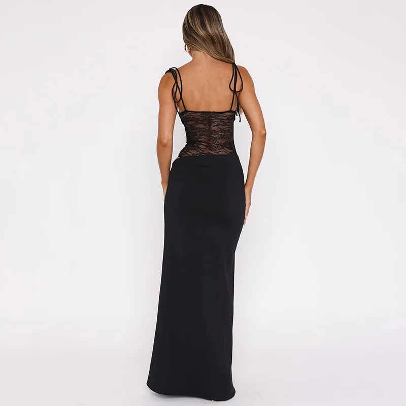 Spaghetti Strap Sheer Lace Hollow Out Long Dress
