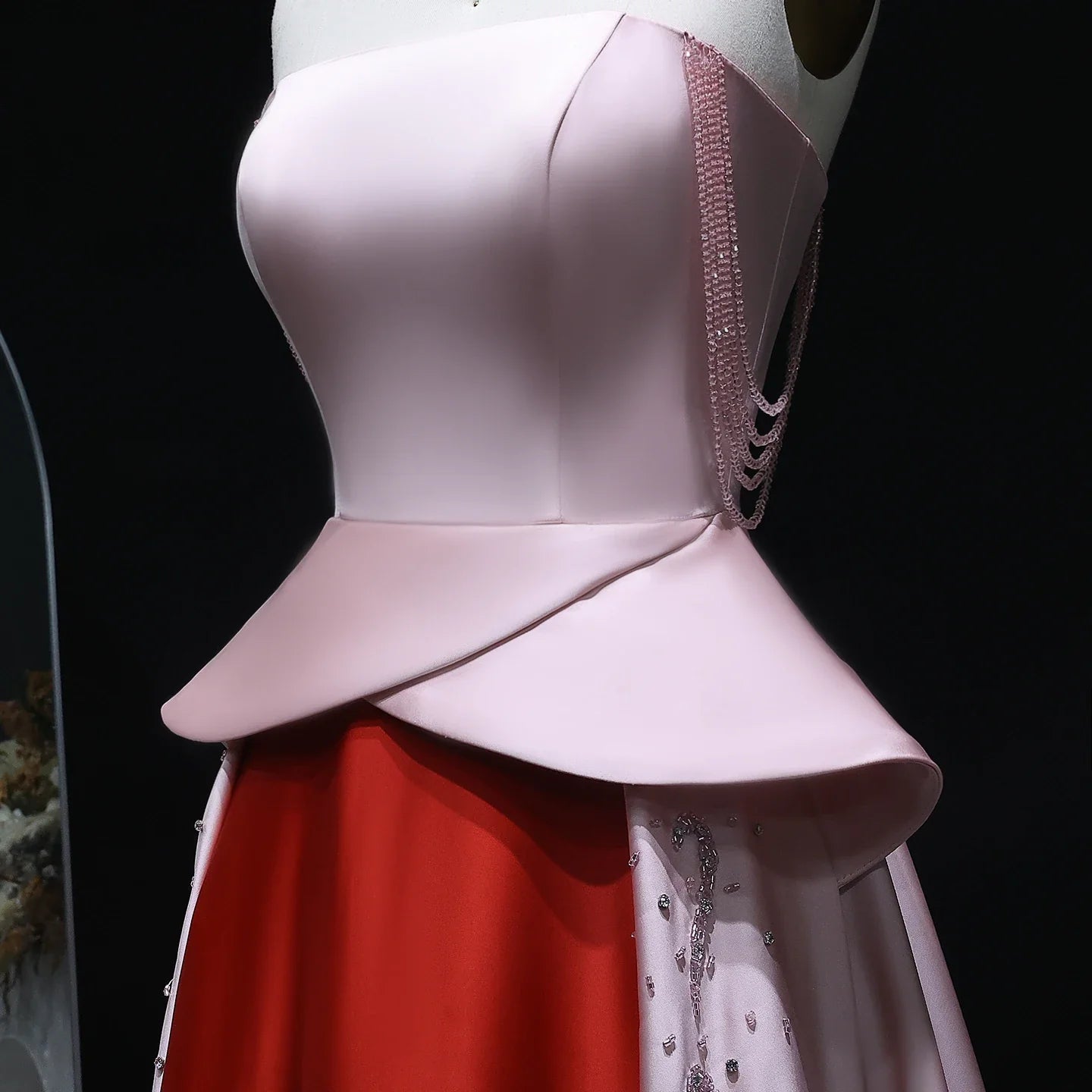 Strapless Pink and Red Two-Tone Evening Gowns