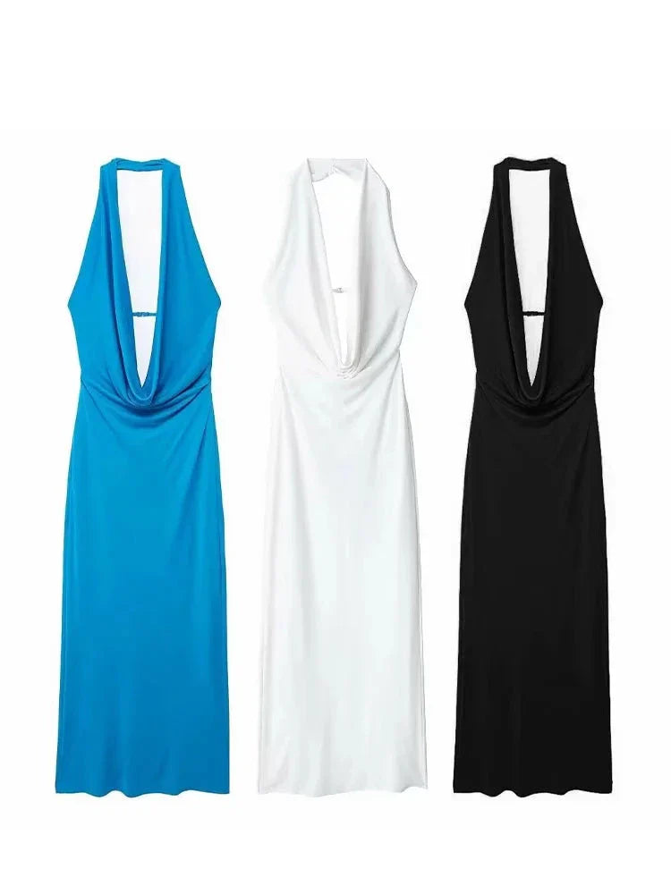 Off Shoulder Folds Hanging Neck Long Dress