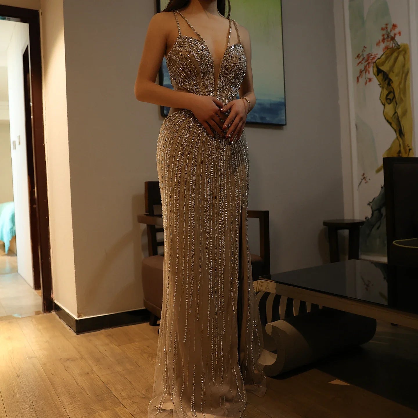 Blue Mermaid Evening Gown with High Slit