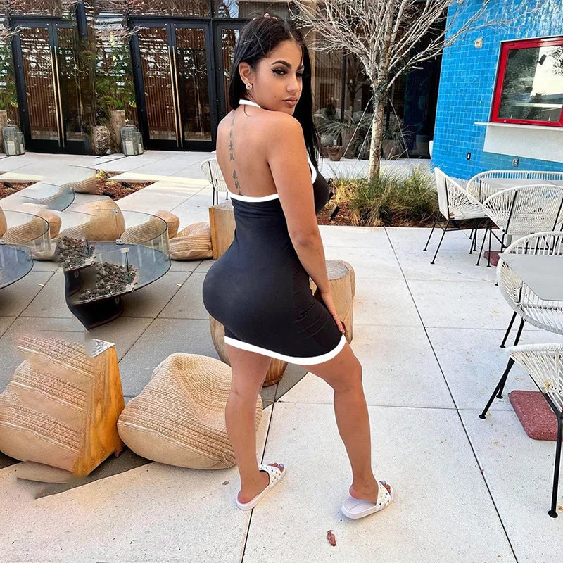 Contrast Open Back Halter Neck Mini Dress
