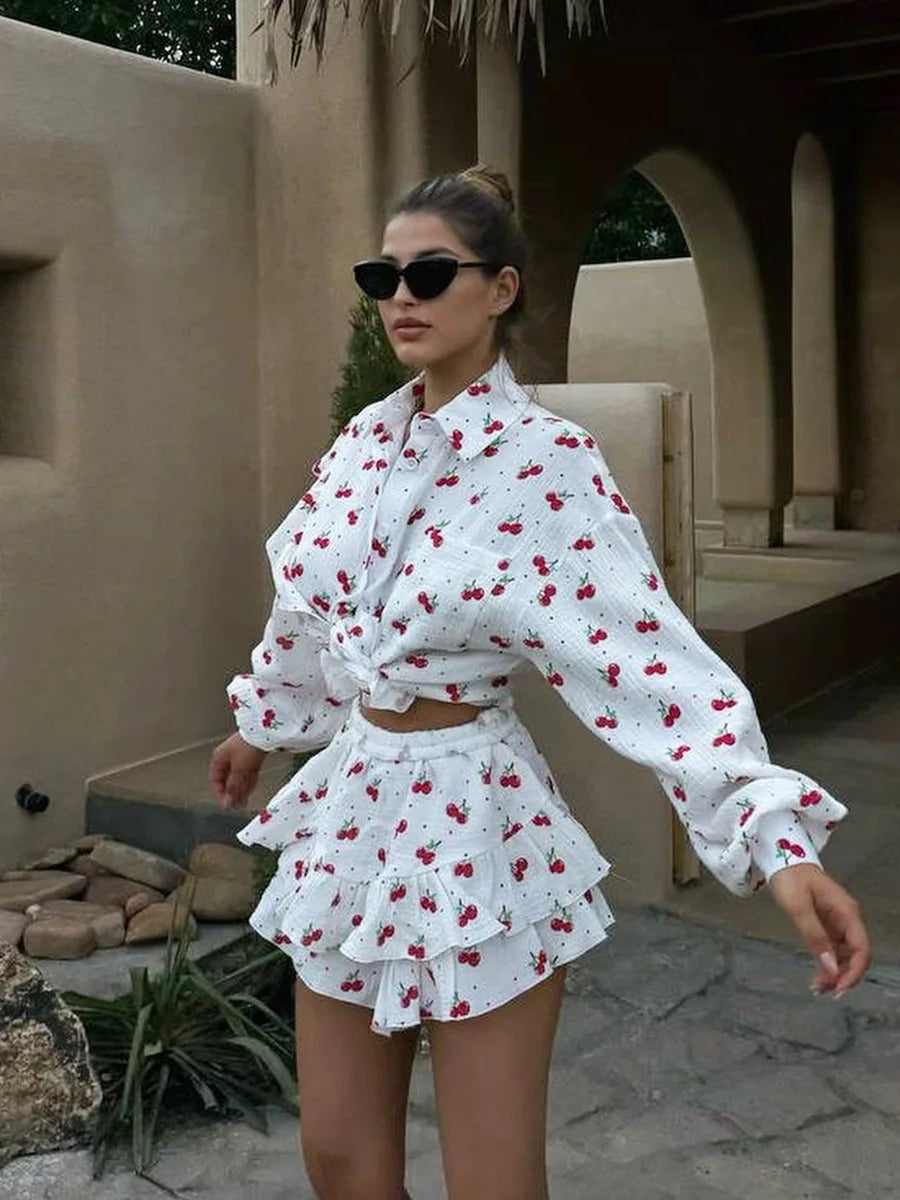 Ruffled Printed Long Sleeve Top and Shorts Sets