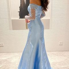 Off-Shoulder Blue Mermaid Long Sleeves Formal Gowns