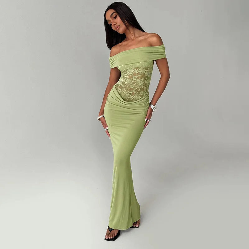 Off-shoulder Strapless Green Lace Sheer Long Dress