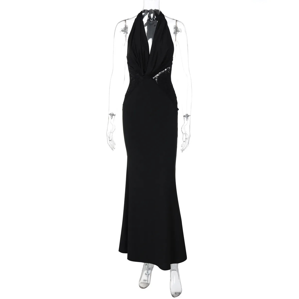 Halter Black Lace Off-shoulder Long Dress