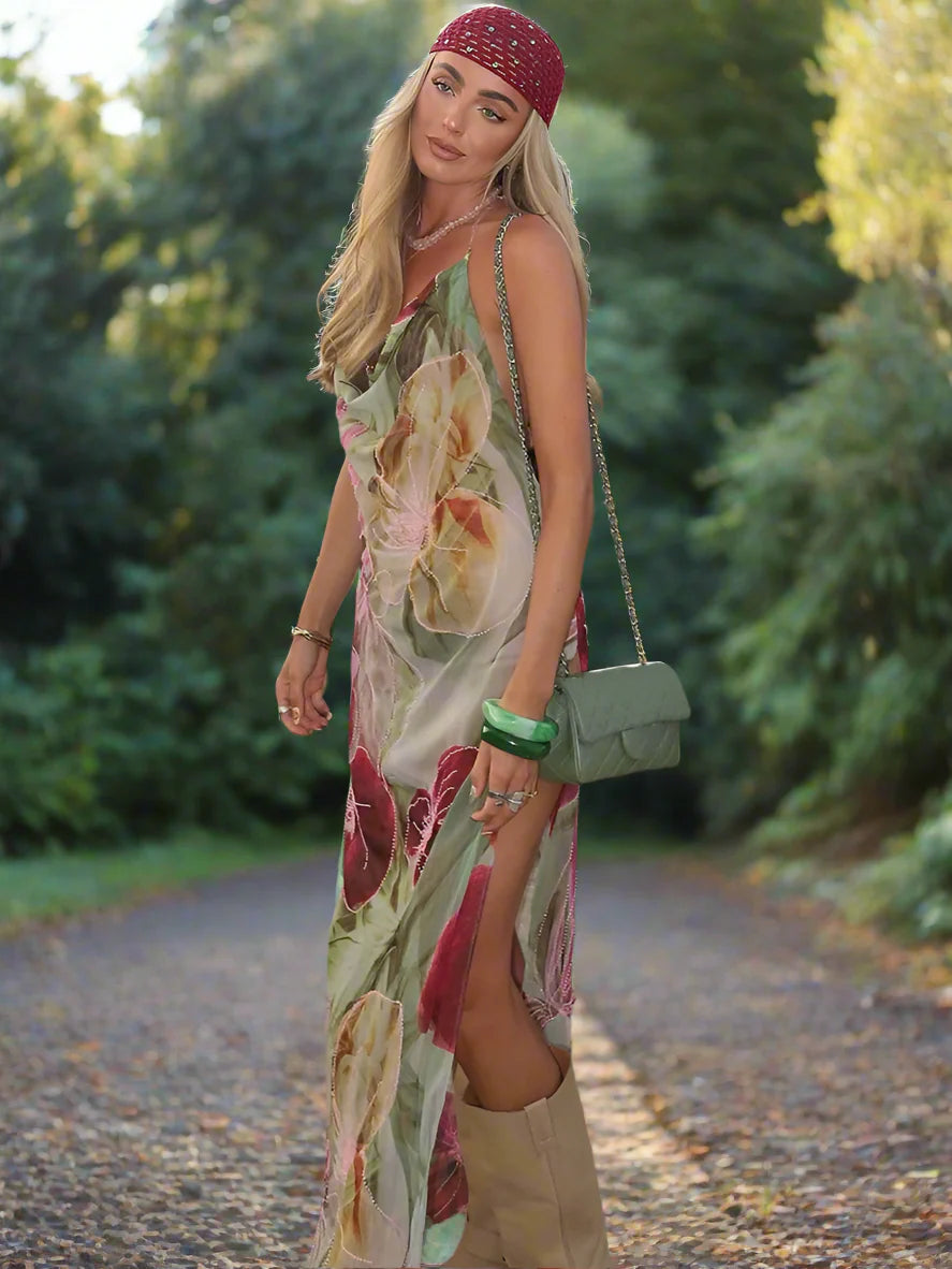 Floral Print Backless Halter Dress with Split for Women