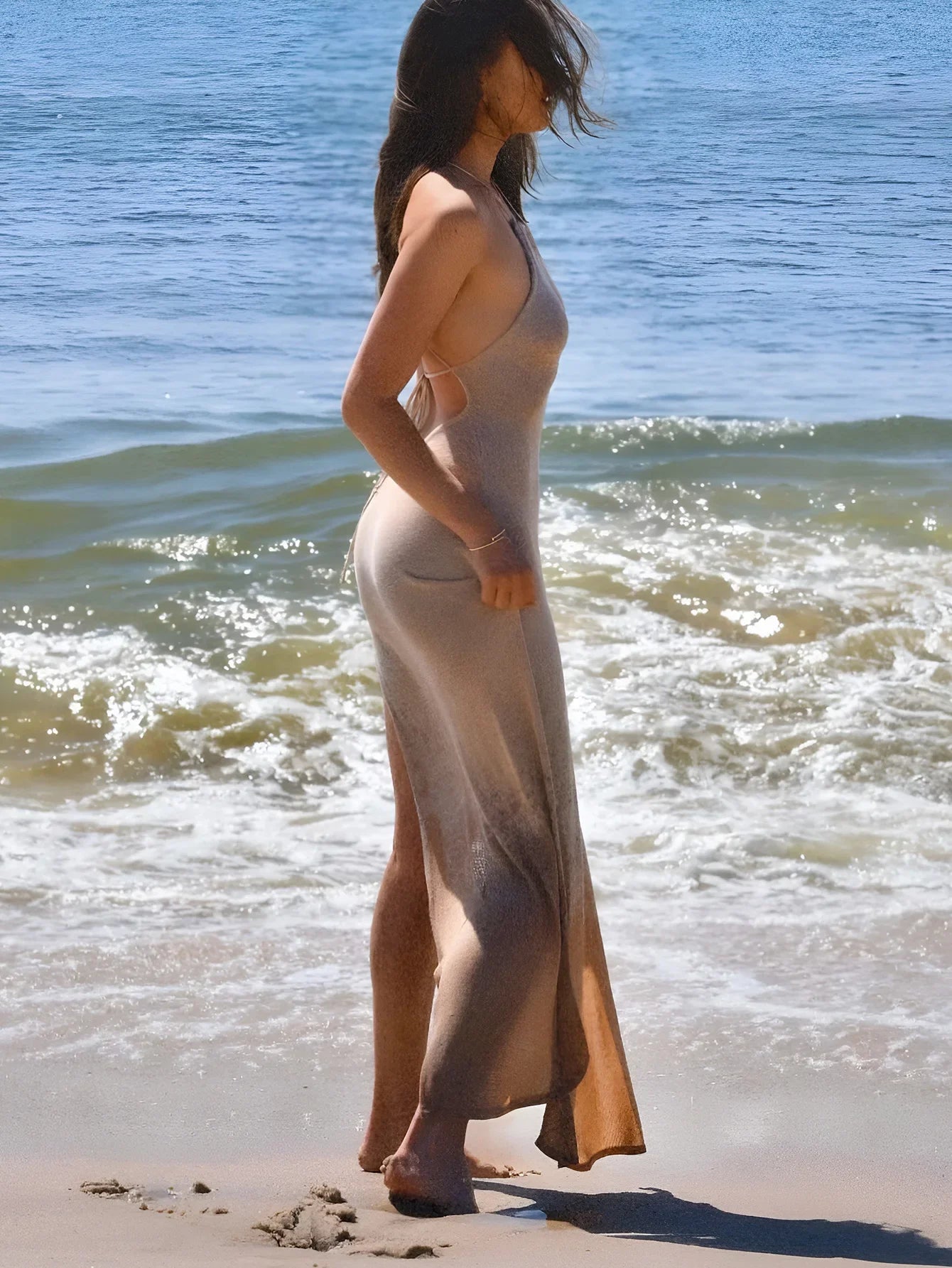Backless Lace-up Split Bodycon Knit Beach Cover-Ups
