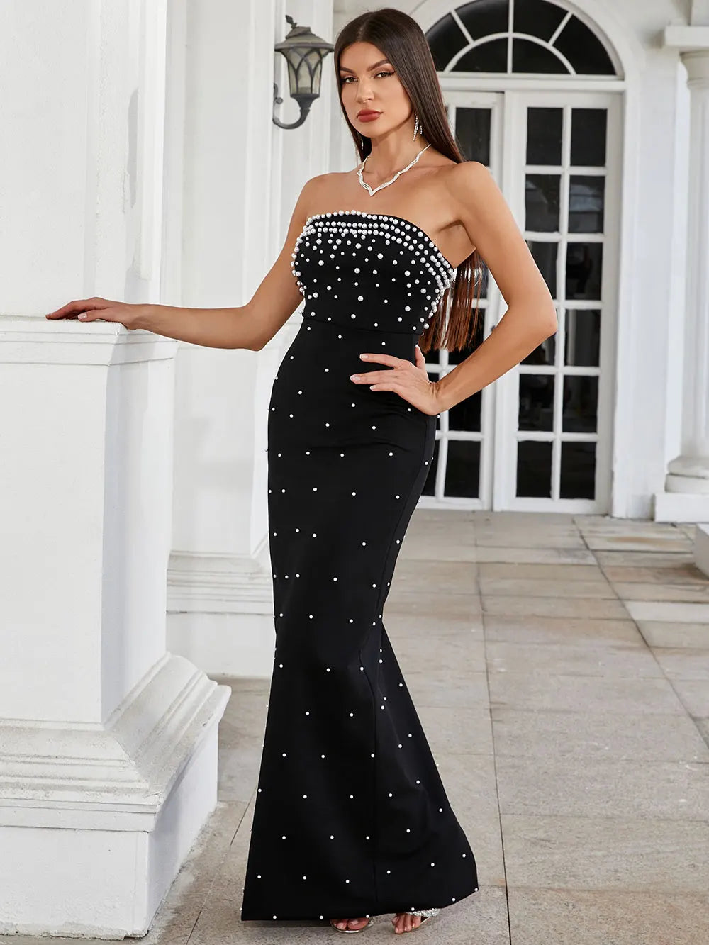 Pearl Design Bandage Strapless Long Dress