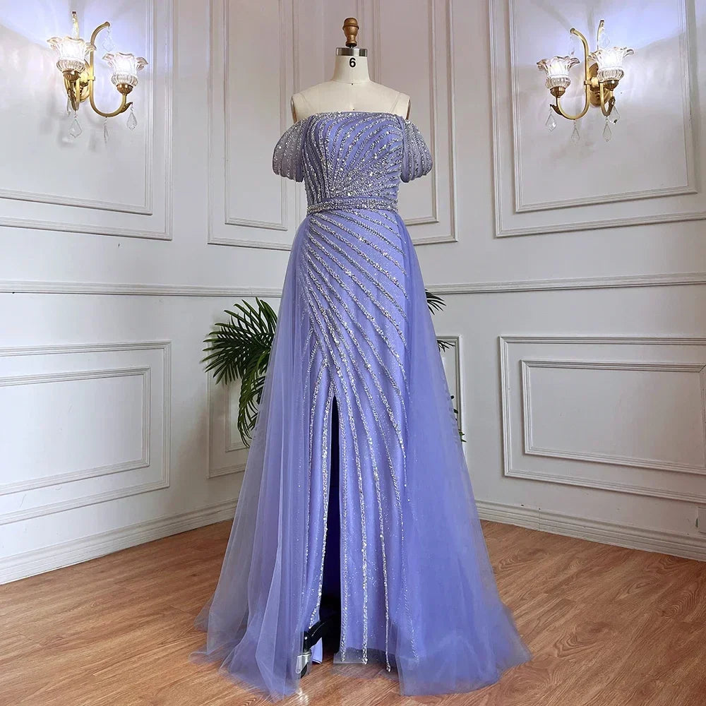 Boat Neck Split Mermaid Elegant Beaded Gowns