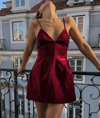 Red Velvet Spaghettis Strap Mini Dress
