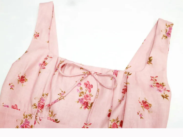 Floral Print Linen Square Collar Lace Up Mid Length Dress