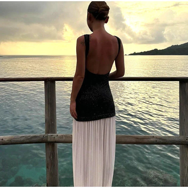 Sequined Patchwork Backless Long Dress