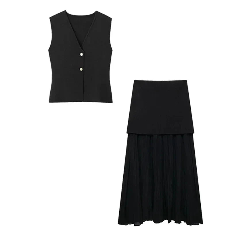 Button Knit Top Side Zipper Skirt Suit