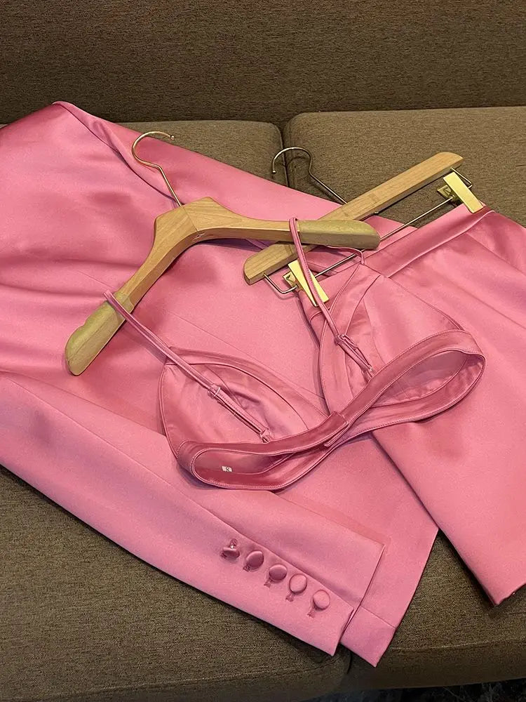 Pink Single Breasted jacket Suit two piece sets