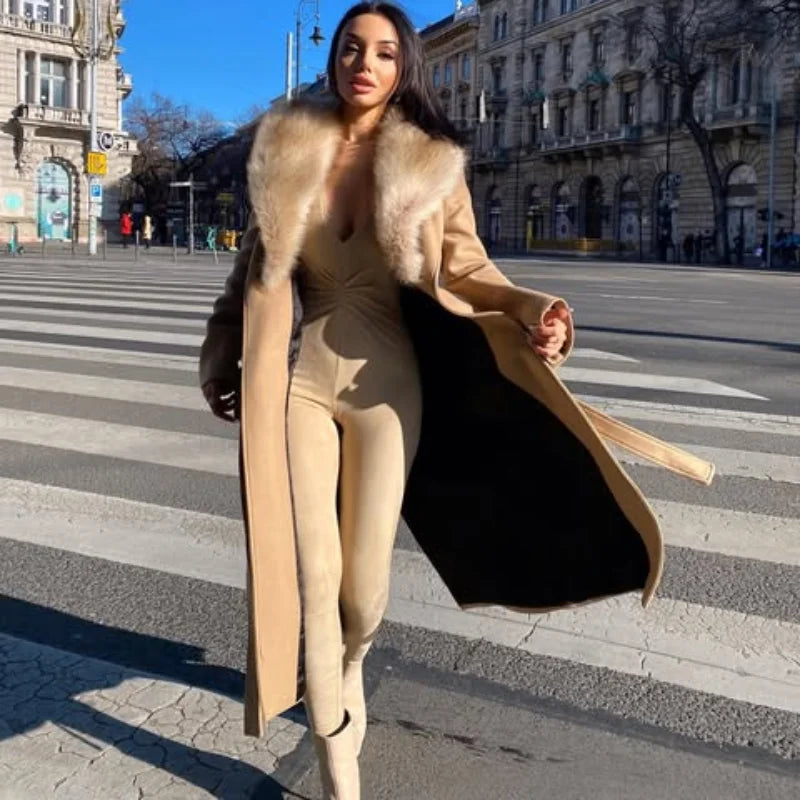 Wool Lace-Up Fur Lapel Thick Over Coat