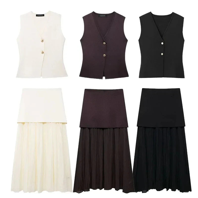 Button Knit Top Side Zipper Skirt Suit