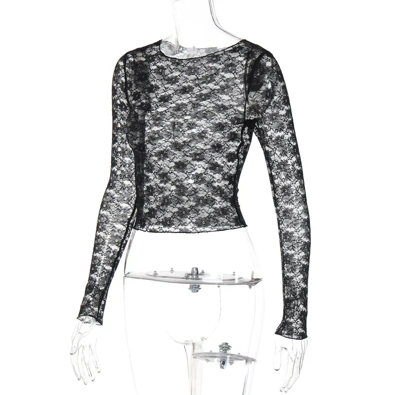 Long Sleeve See-Through Lace Crop Top for Women â€? Bodycon Party Wear
