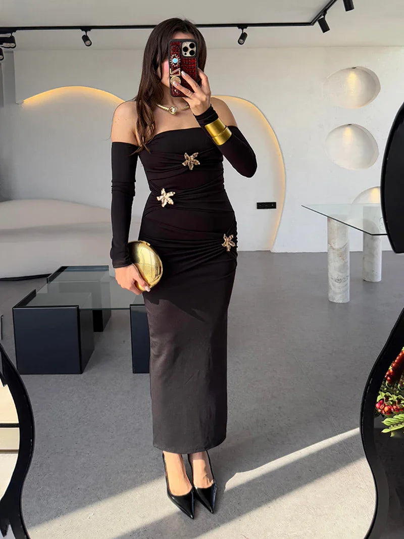 Metal Buckle Off-shoulder Backless Long Dress